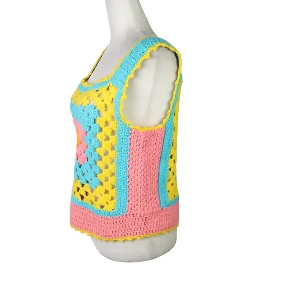 Vintage 70s Blue Yellow Pink Granny Square Crochet Knit Sweater Vest M - Picture 3 of 4
